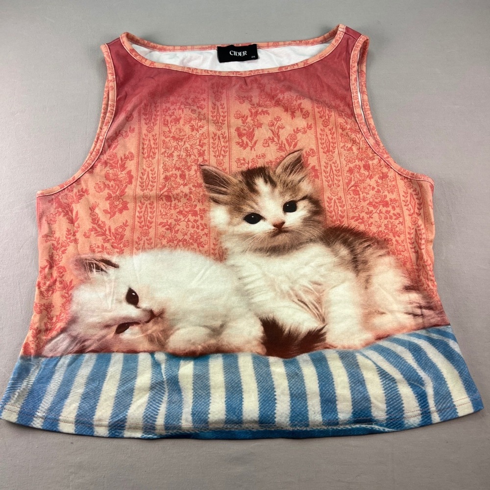 Cider Womens 2XL Pink  Kitten Graphic Tank Top Sleeveless Scoop Neck Tee